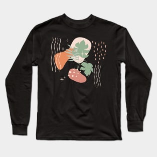 Abstract shapes lines stars and tropical leaves digital design illustration Long Sleeve T-Shirt